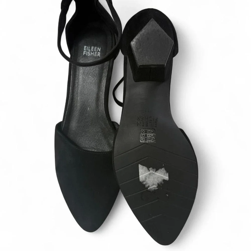 Eileen Fisher Black Suede d'Orsay Ankle Strap Heels Office siren Quiet Luxury